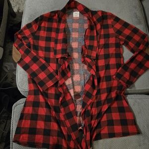 Chic Plaid Open Front Cardigan - Red and Black